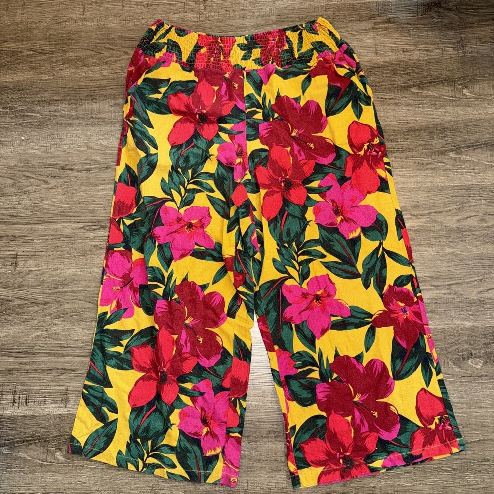 Tahari Linen Blend Floral Wide Leg Pants XL Elastic Waist Pocket Tropical Resort
